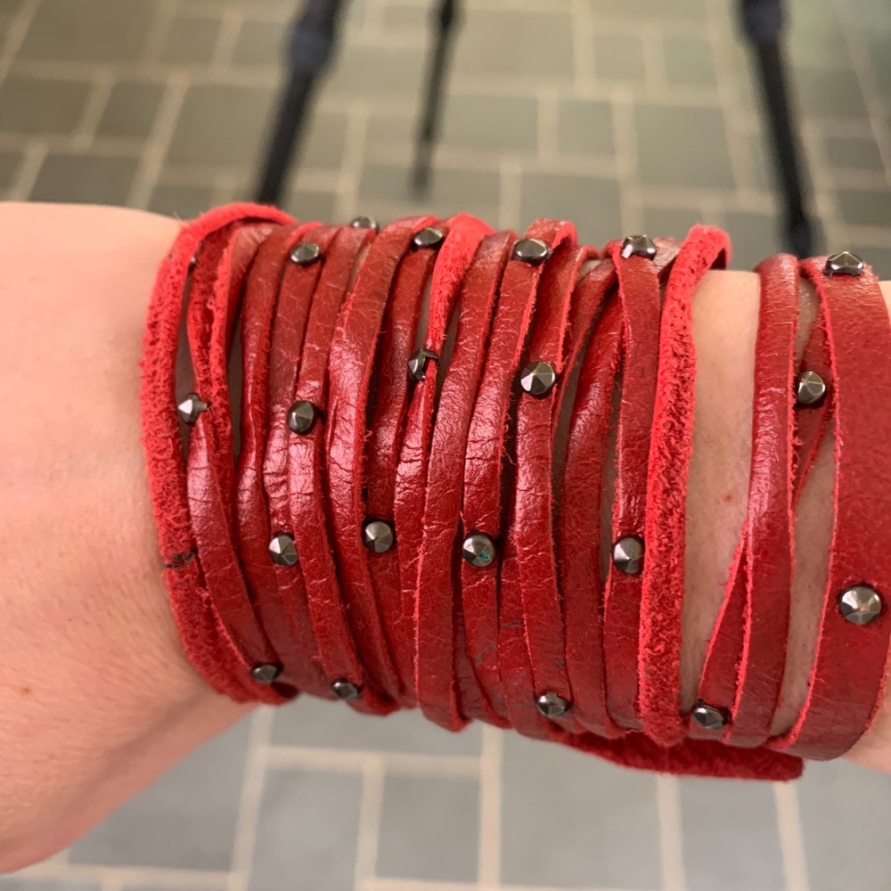Red Genuine Leather Bracelet. Embellished Red Leather Rocker Style Bracelet